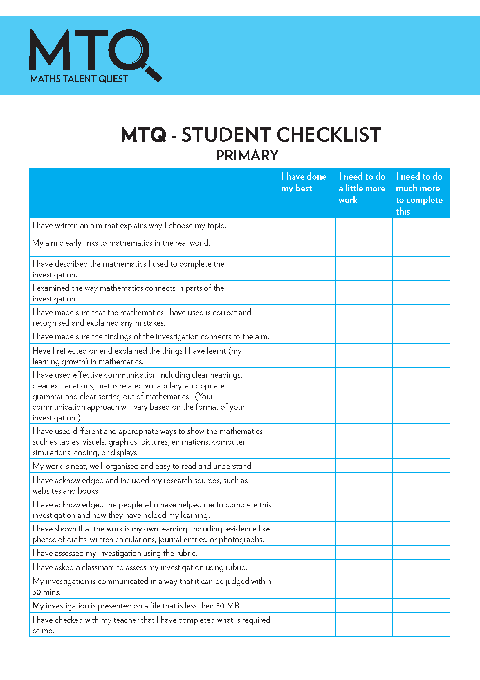 MTQ FLIP Student Checklist - Primary